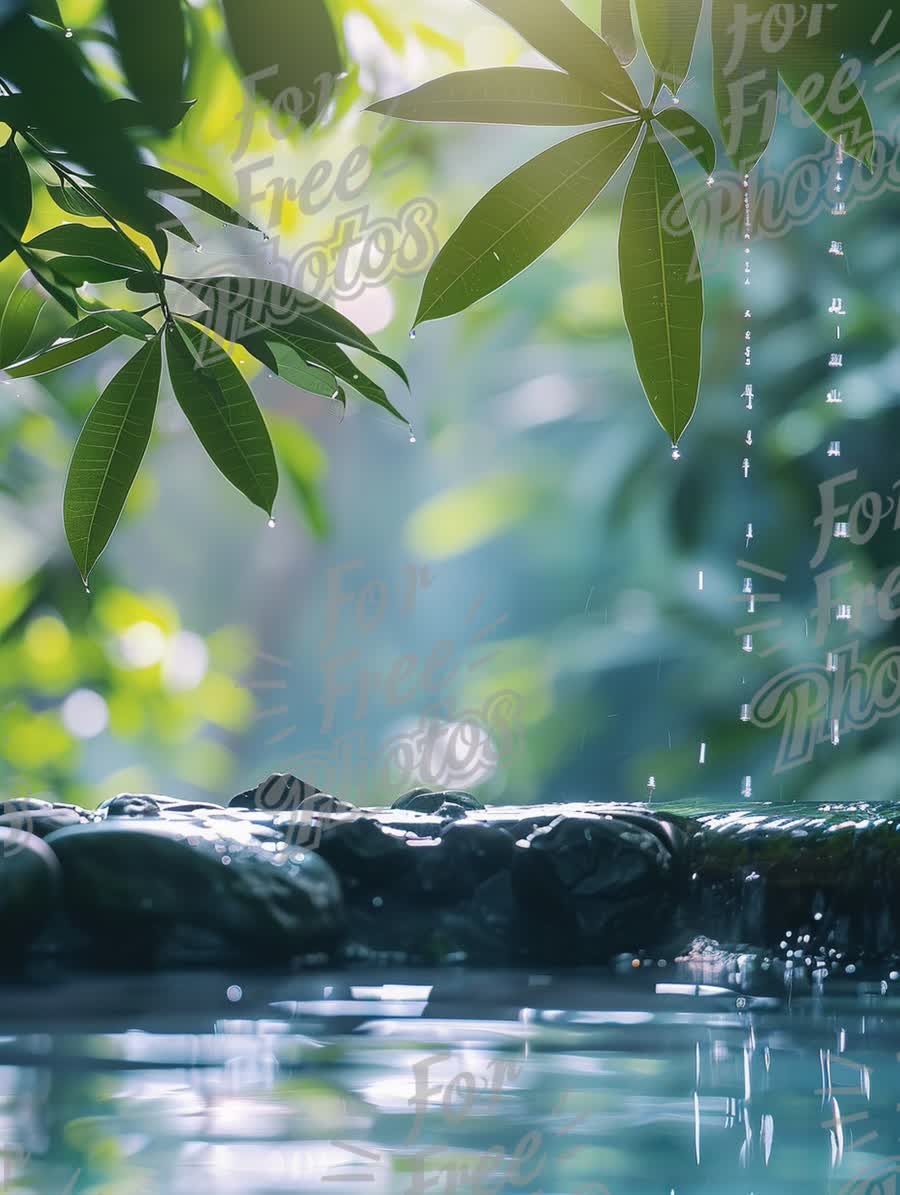 Tranquil Nature Scene with Water Droplets and Lush Greenery