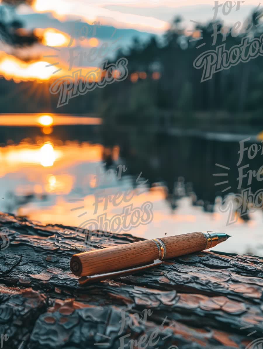 Elegant Wooden Pen on Log by Serene Sunset Lake