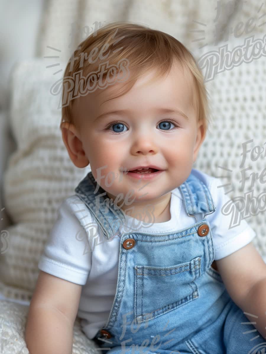 Adorable Baby Smiling in Denim Overalls - Cute Child Portrait