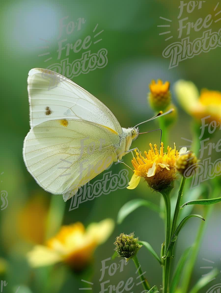 Delicate White Butterfly on Vibrant Yellow Flowers in Nature