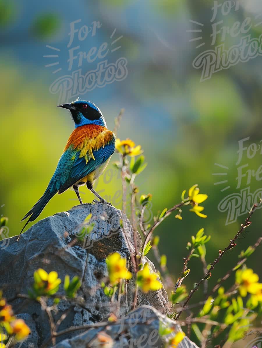 Vibrant Colorful Bird Perched on Rock Surrounded by Wildflowers