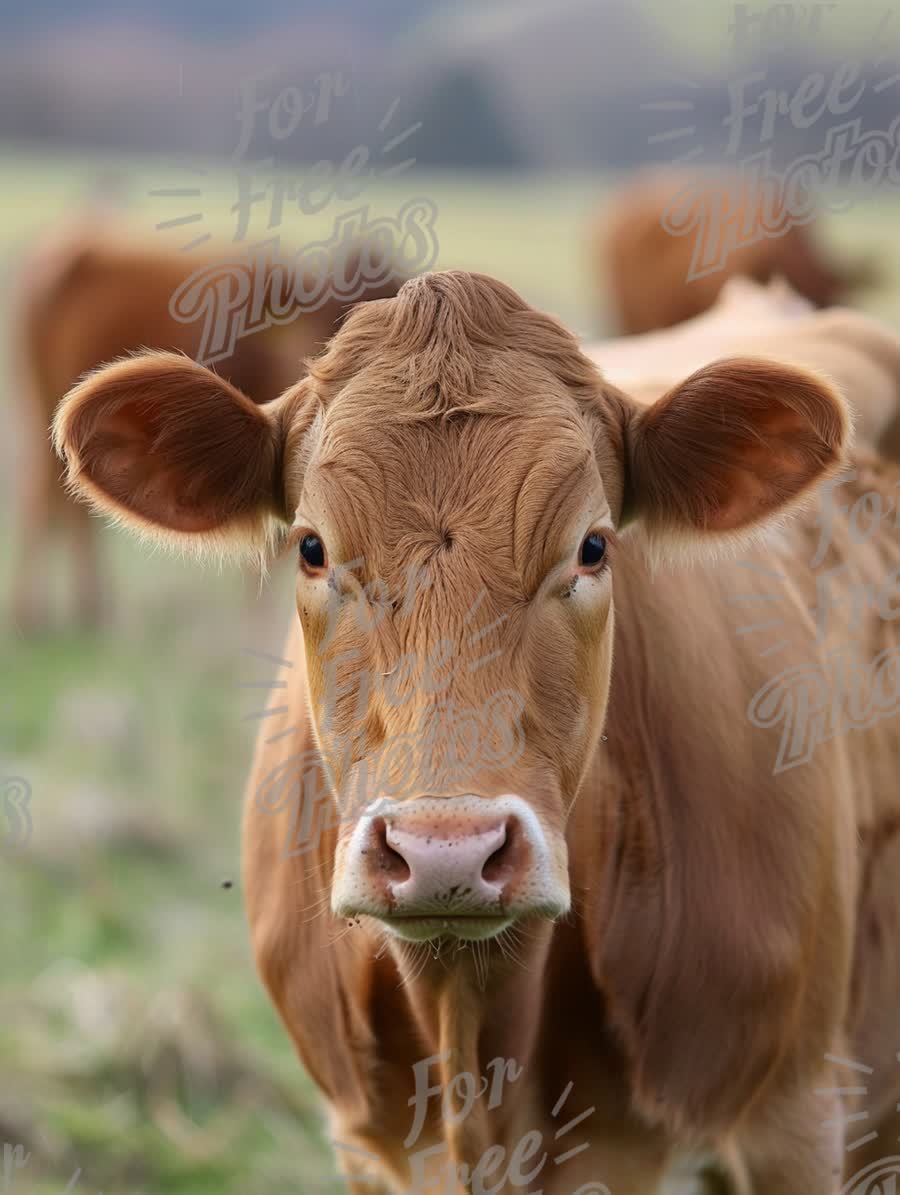 Close-Up of a Curious Brown Cow in a Pastoral Landscape