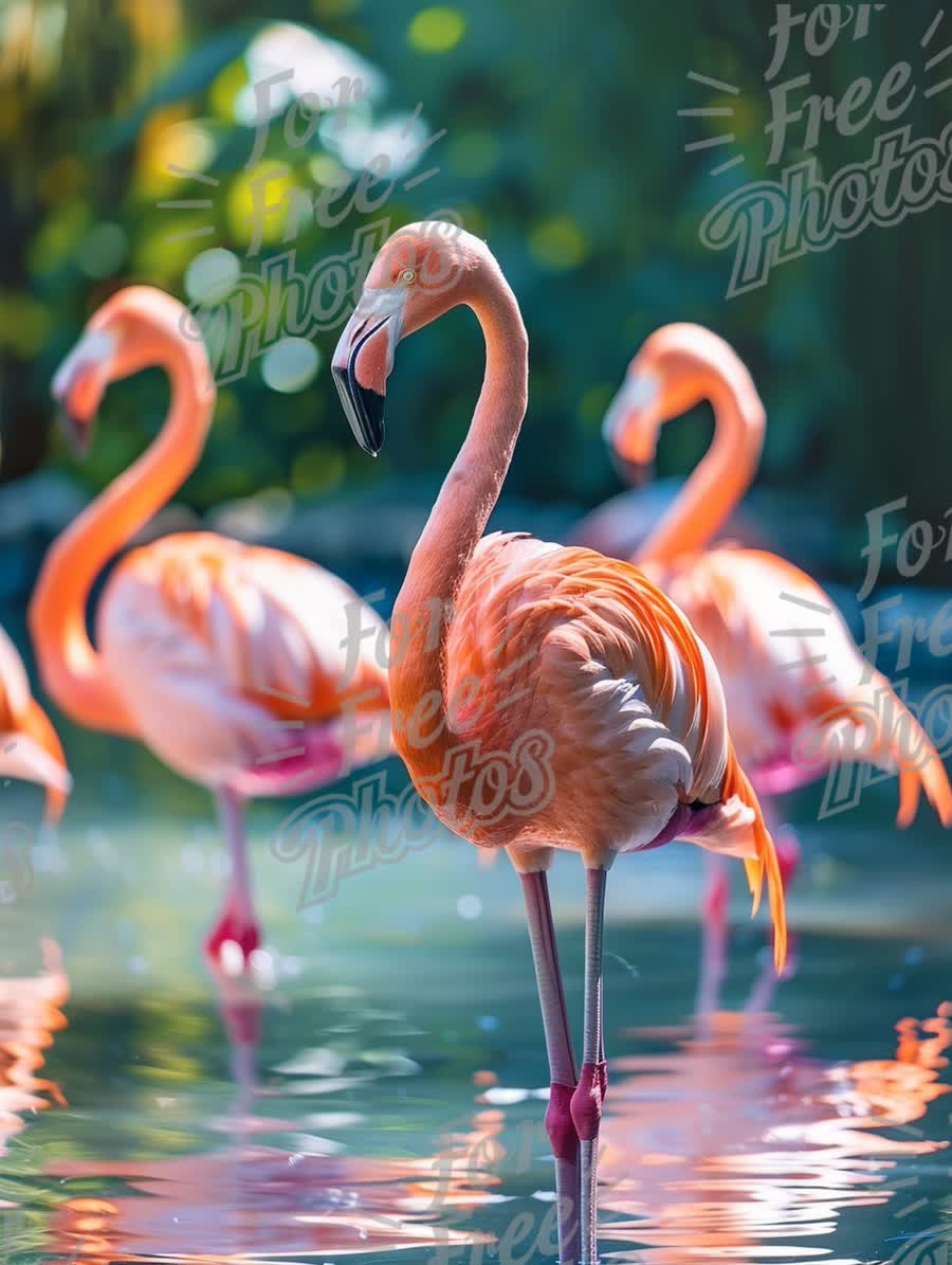 Vibrant Flamingos in Serene Water Setting: Tropical Wildlife Beauty