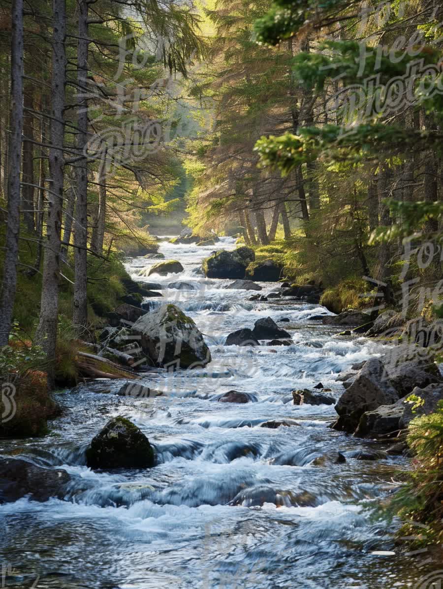 Serene Forest Stream: Tranquil Nature Landscape with Flowing Water and Lush Greenery