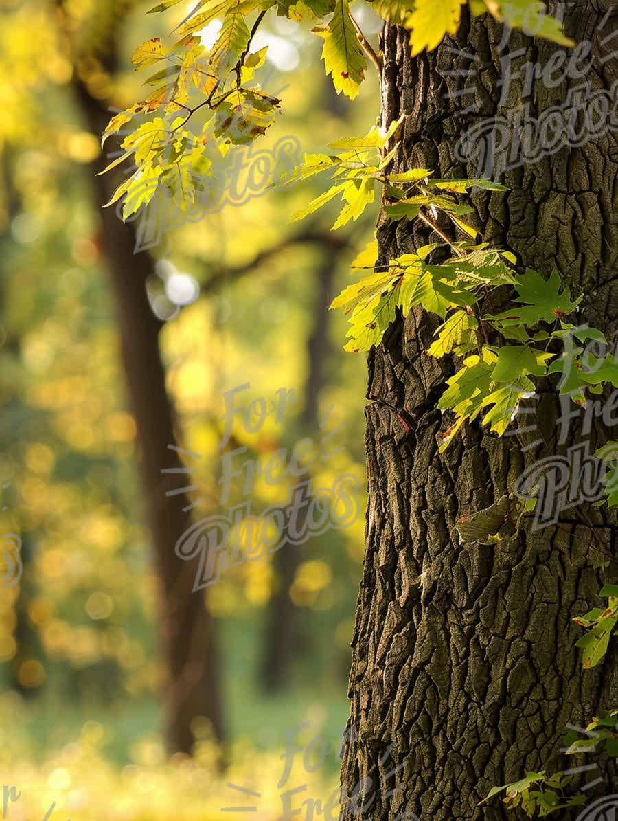 Close-Up of Textured Tree Bark with Vibrant Green Leaves in Sunlit Forest