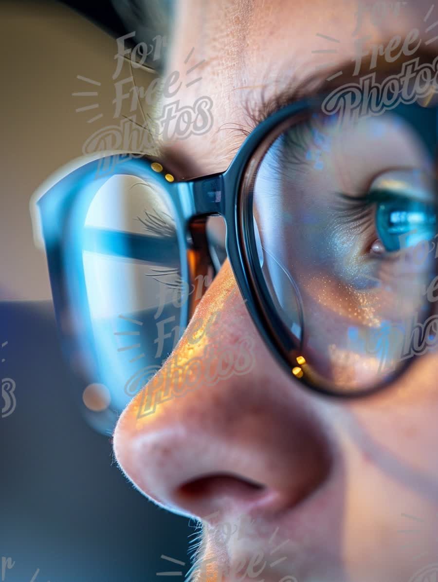 Close-Up of Person Wearing Glasses with Focused Expression and Reflections