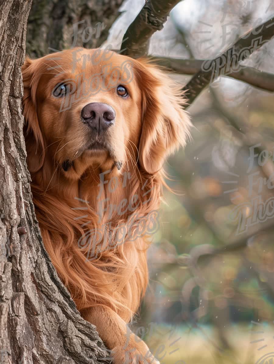 Golden Retriever Dog Peeking from Tree Branch in Nature