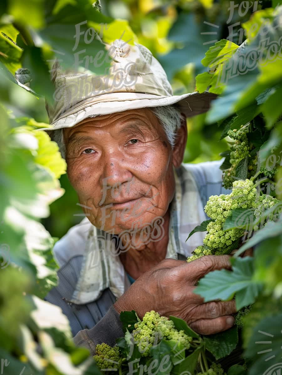 Senior Farmer in Vineyard: Harvesting Grapes and Embracing Nature's Bounty