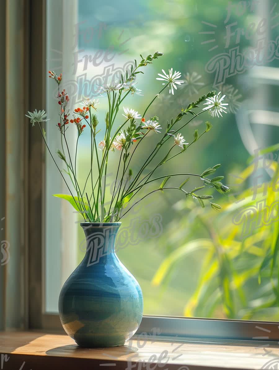 Fresh Floral Arrangement in Blue Vase by Sunlit Window