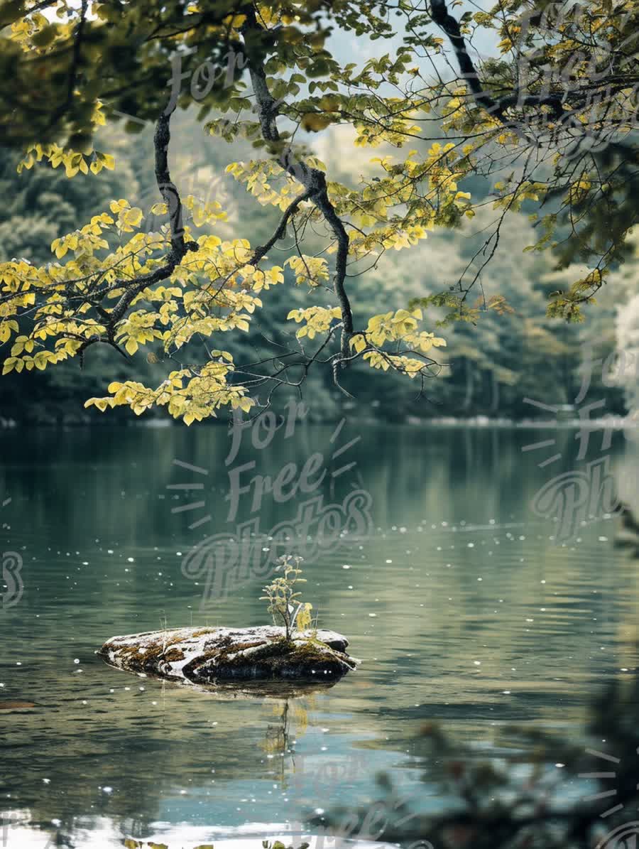 Tranquil Lake Scene with Lush Greenery and Serene Reflections