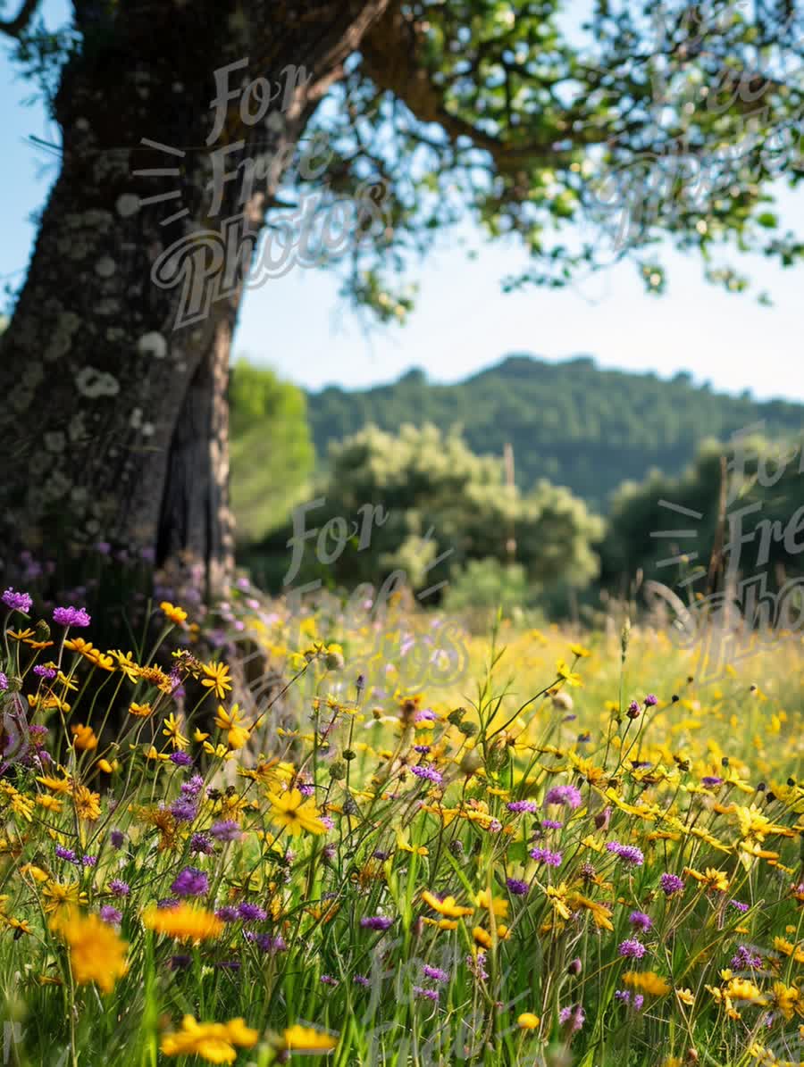 Vibrant Wildflower Meadow Under a Tree in Nature