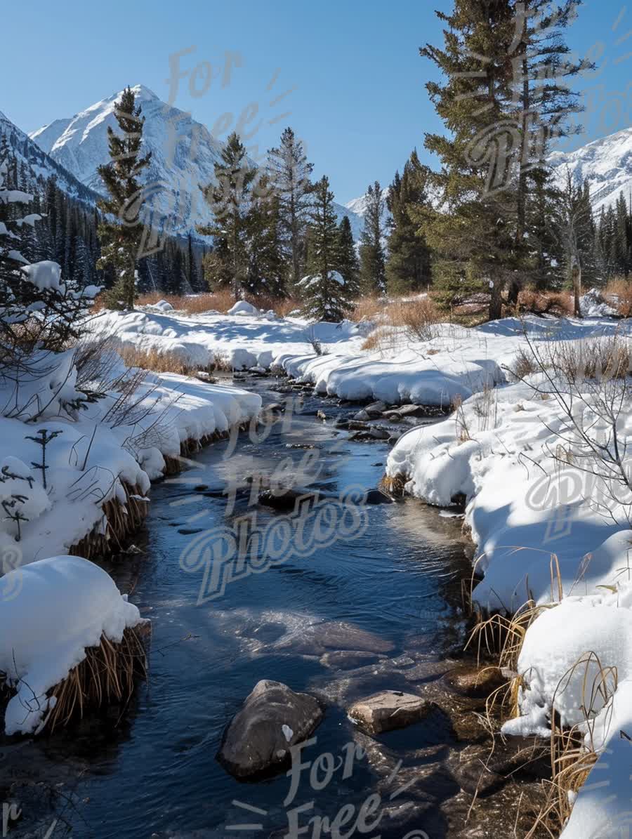 Serene Winter Landscape: Snow-Covered Stream in Majestic Mountain Scenery