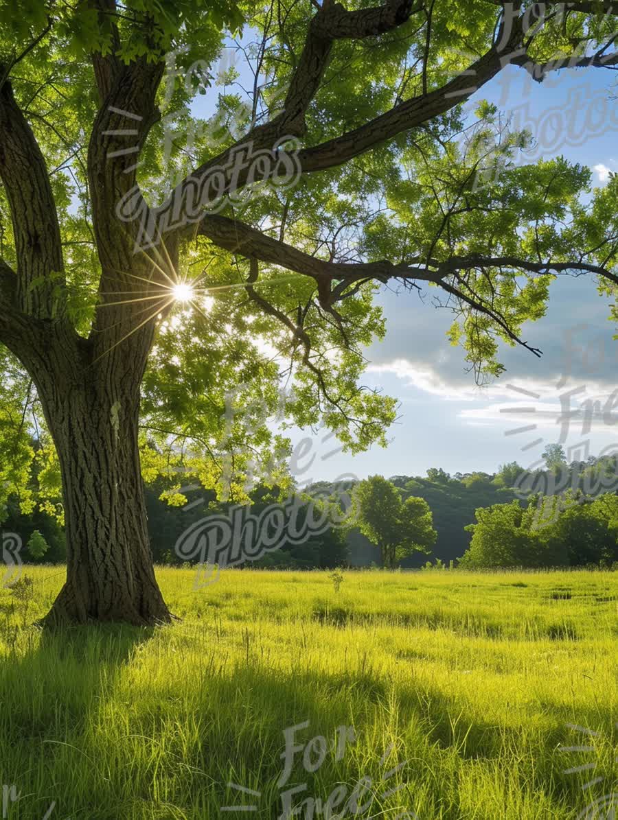 Sunlit Tree in Lush Green Meadow: Nature's Serenity and Tranquility