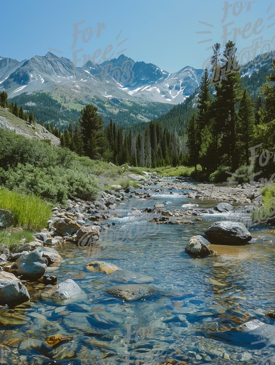 Tranquil Mountain Stream with Crystal Clear Waters and Lush Greenery