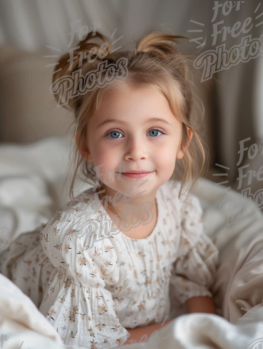 Charming Little Girl with Bright Blue Eyes in Cozy Indoor Setting