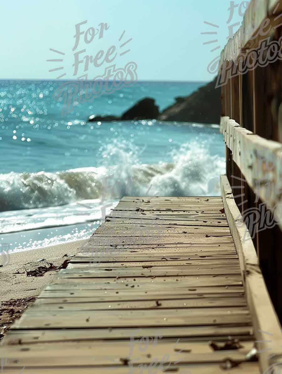 Serene Beach Pathway with Ocean Waves and Sunlight Reflections