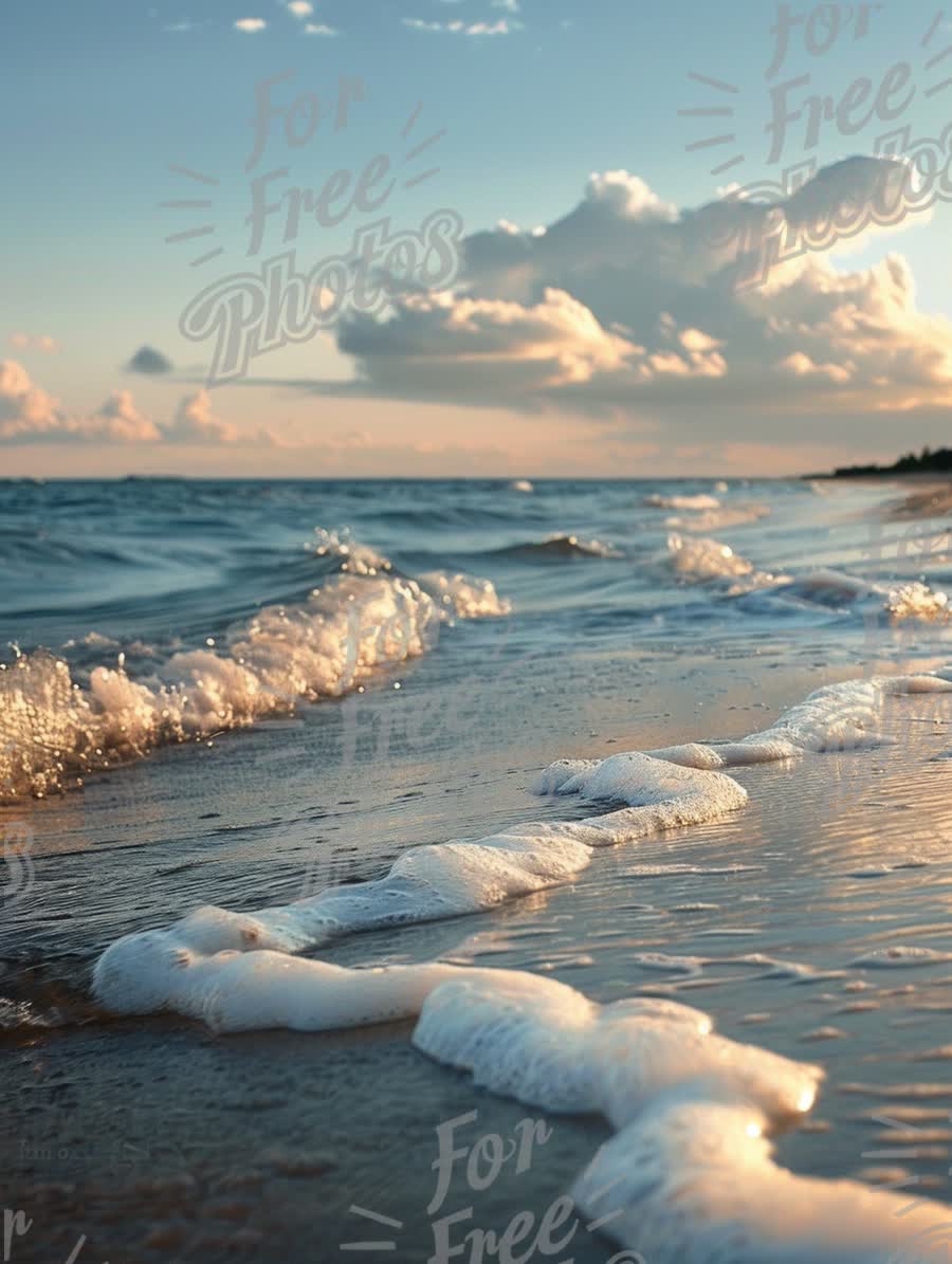 Tranquil Beach Sunset with Gentle Waves and Foamy Shoreline