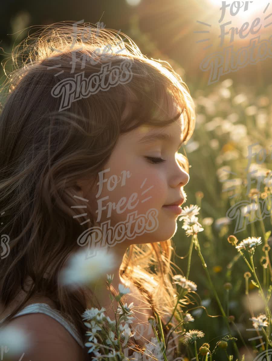 Serene Child in Sunlit Flower Field: Embracing Nature's Beauty