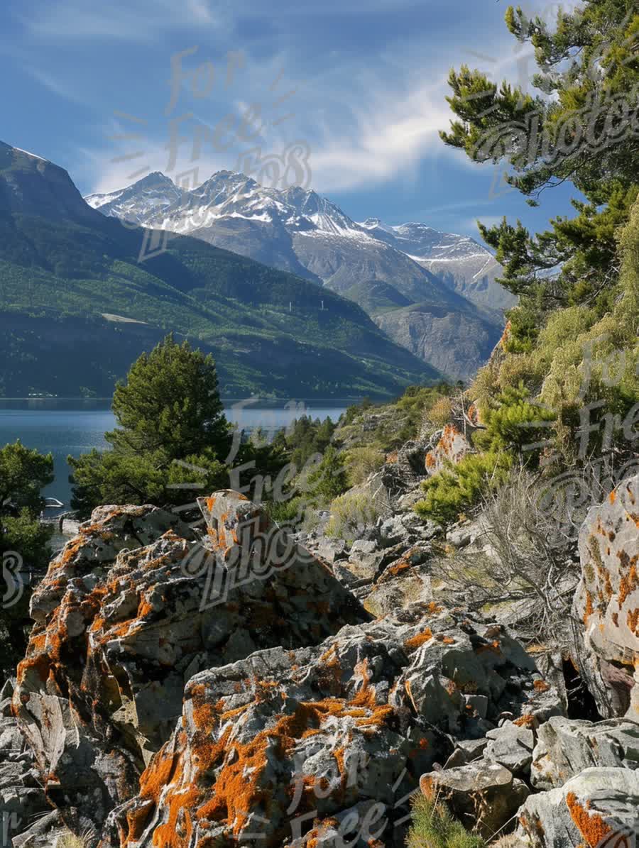 Stunning Mountain Landscape with Rocky Shoreline and Lush Greenery