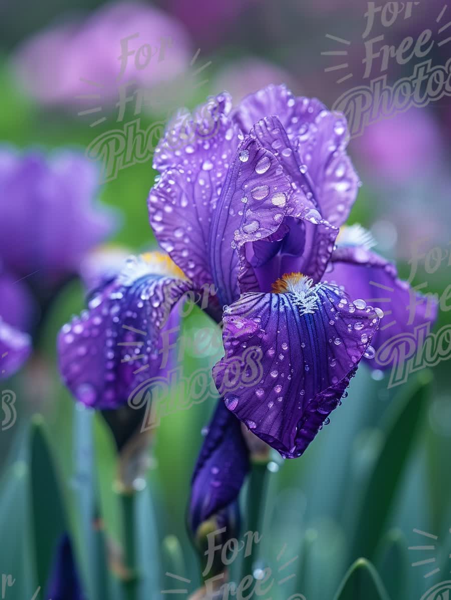 Vibrant Purple Iris Flower with Dew Drops in Garden Setting