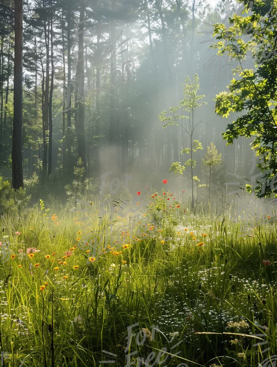 Serene Misty Forest with Wildflowers: Nature's Tranquility and Beauty