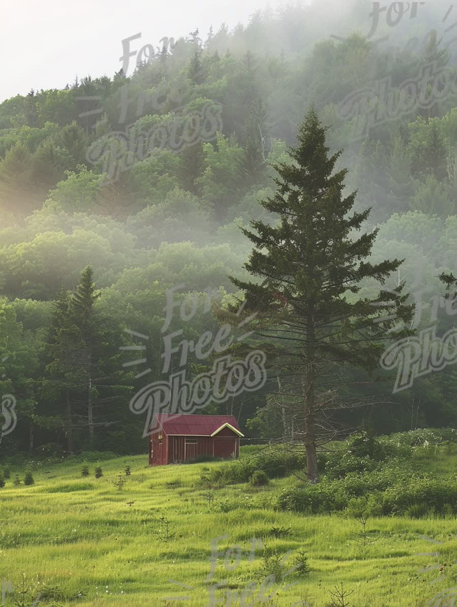 Serene Rustic Cabin in Lush Green Landscape with Misty Mountains