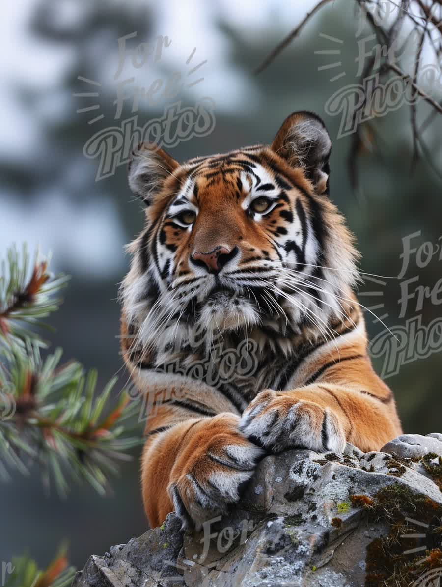 Majestic Tiger Resting on Rock in Natural Habitat