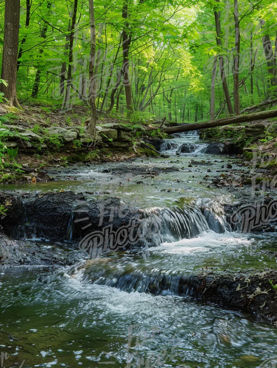 Tranquil Forest Stream: Serene Nature Landscape with Lush Greenery and Gentle Water Flow