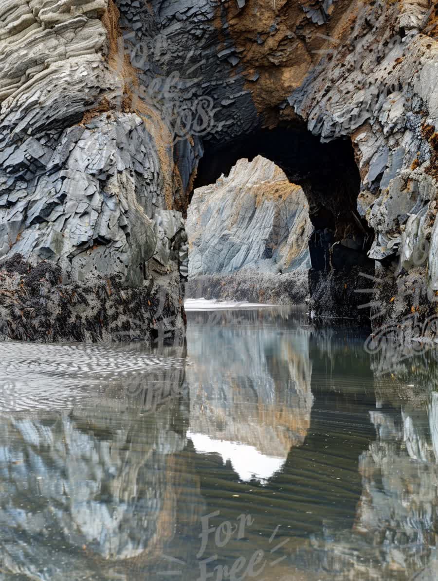 Serene Coastal Arch Reflection: Tranquil Seascape with Rocky Formations