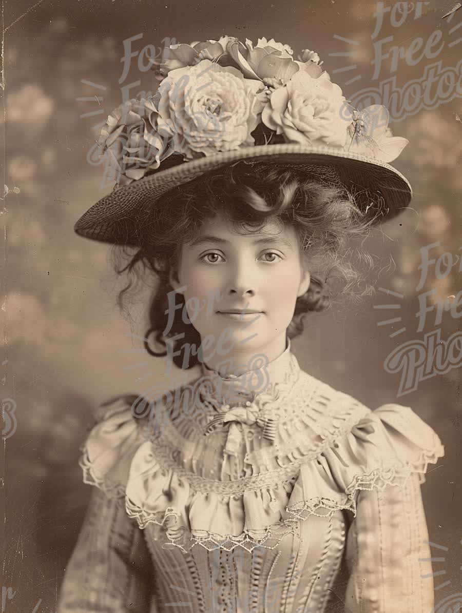 Vintage Portrait of Elegant Woman in Floral Hat - Timeless Fashion and Beauty