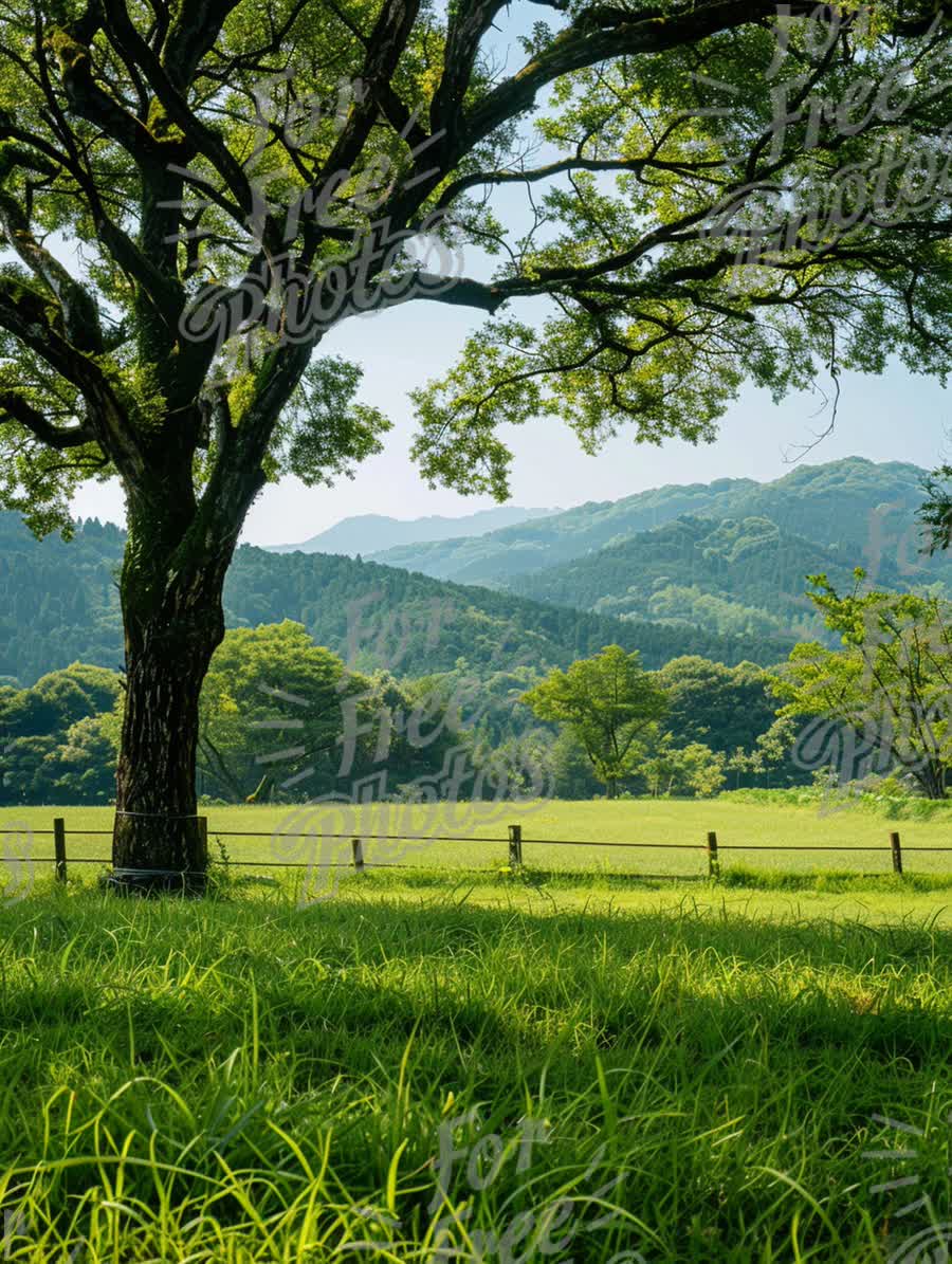 Serene Landscape with Majestic Tree and Lush Green Mountains