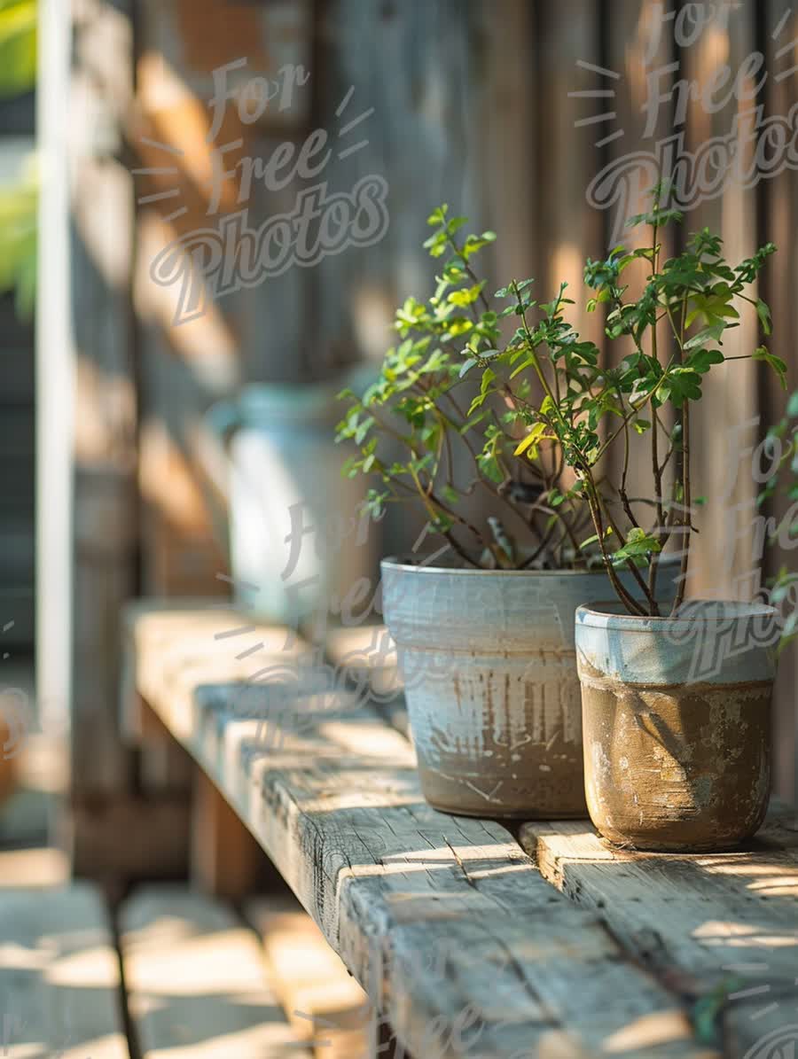 Serene Indoor Garden with Potted Herbs on Rustic Wooden Shelf