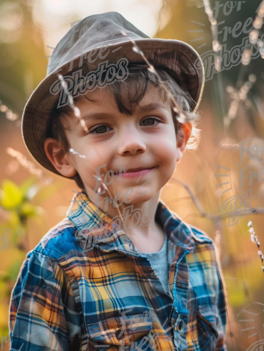 Charming Young Boy in Nature: Playful Childhood Moments with Warm Light