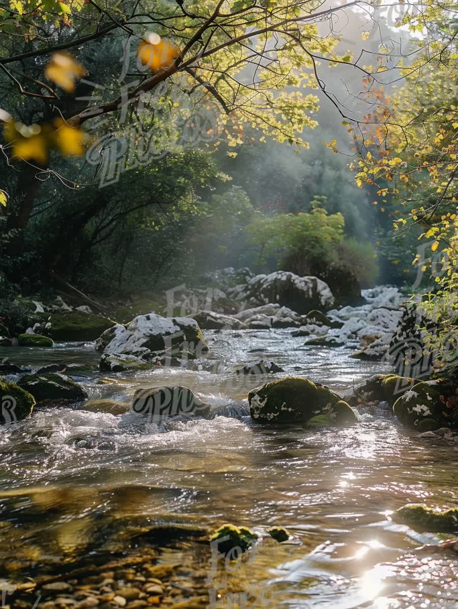 Tranquil River Scene with Sunlight and Lush Greenery