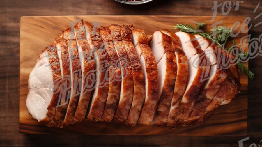 Succulent Sliced Roast Meat on Wooden Cutting Board with Herbs