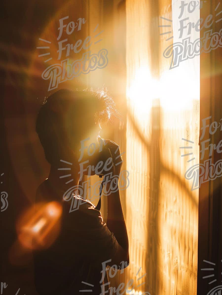 Silhouette of Photographer Capturing Sunset Light Through Window