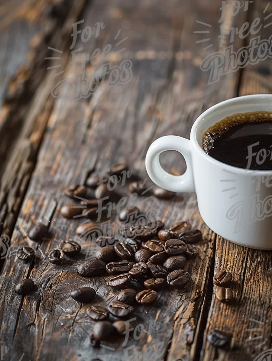 Freshly Brewed Coffee with Coffee Beans on Rustic Wooden Table