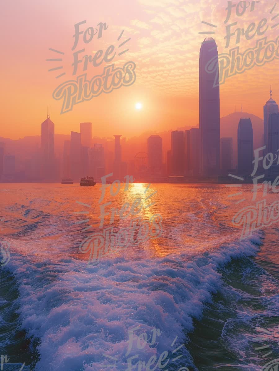 Stunning Sunset Over Hong Kong Skyline: Serene Waters and Urban Landscape