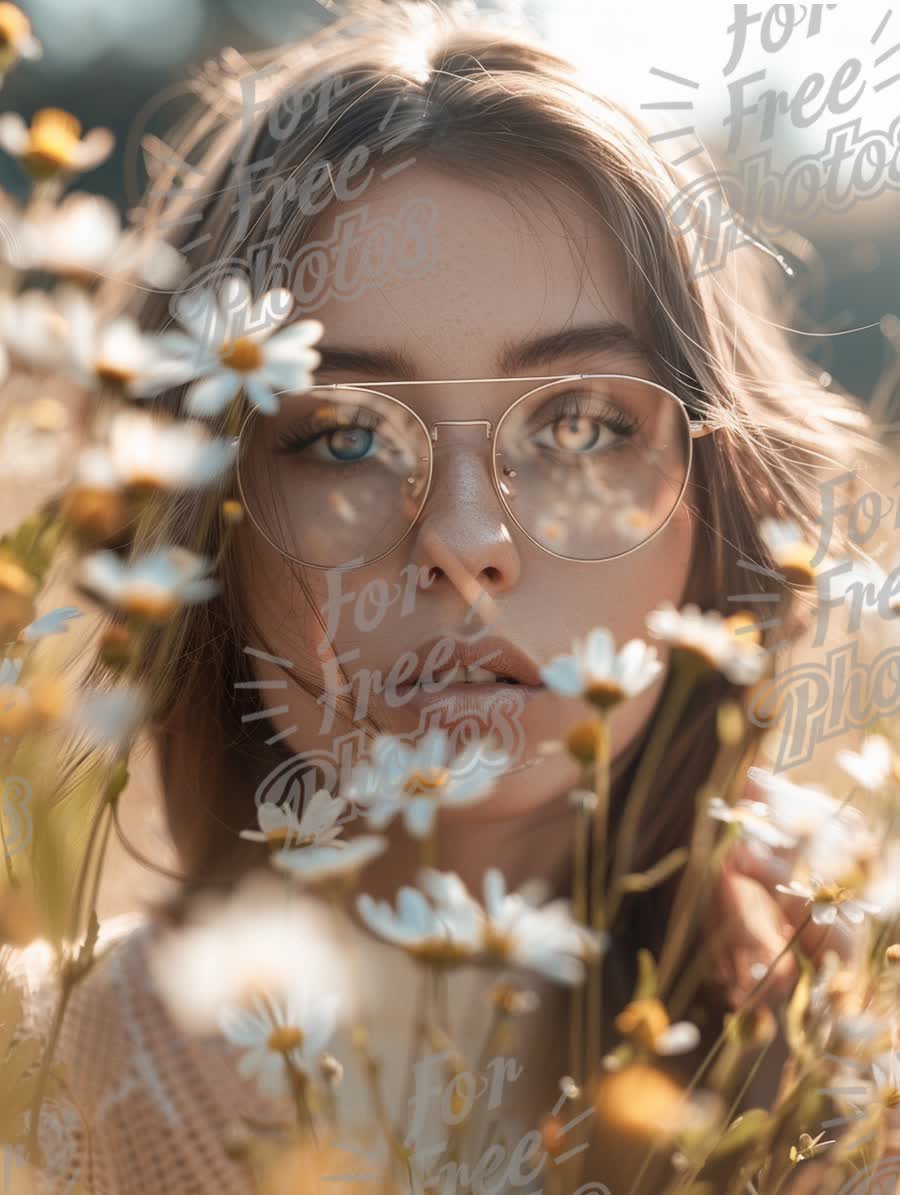 Serene Beauty in Nature: Young Woman Surrounded by Daisies with Stylish Glasses