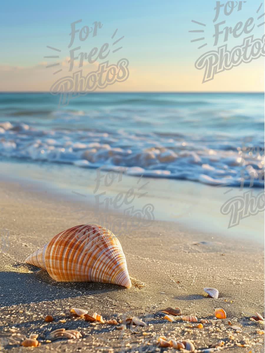 Serene Beach Scene with Seashell at Sunset - Coastal Tranquility and Natural Beauty