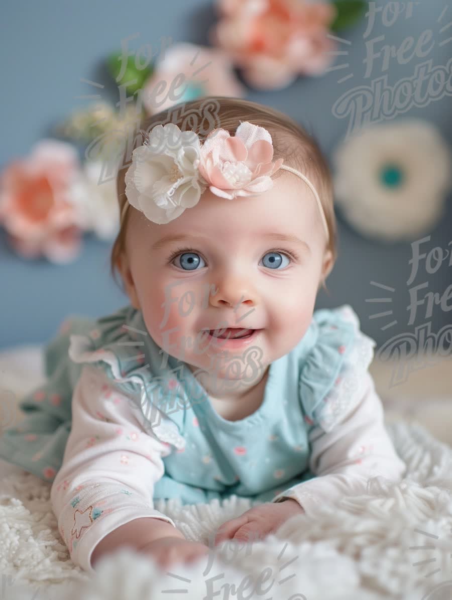 Adorable Baby Girl with Floral Headband and Bright Blue Eyes on Soft Blanket