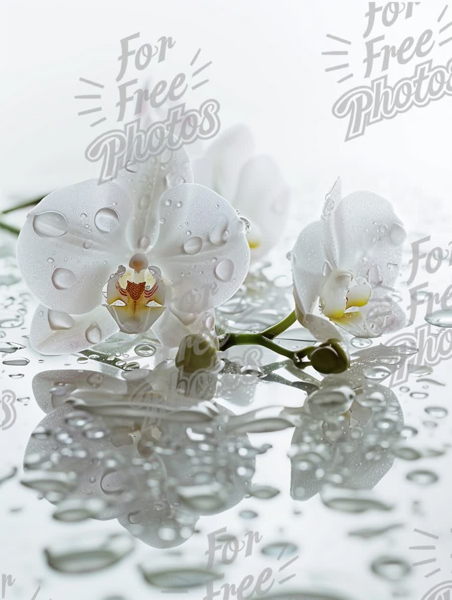 Elegant White Orchid Flowers with Water Droplets on Reflective Surface