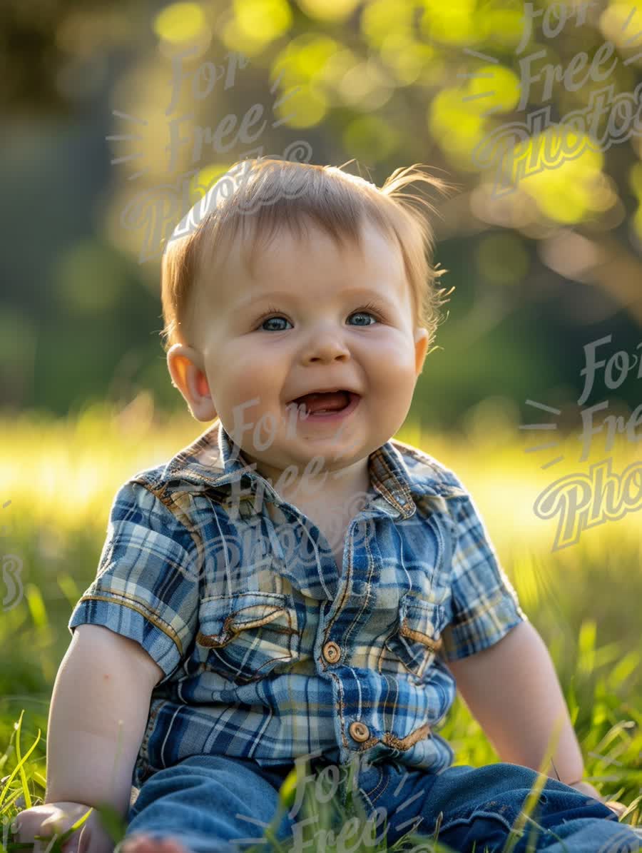 Joyful Baby Smiling in Sunlit Green Grass - Happy Childhood Moments