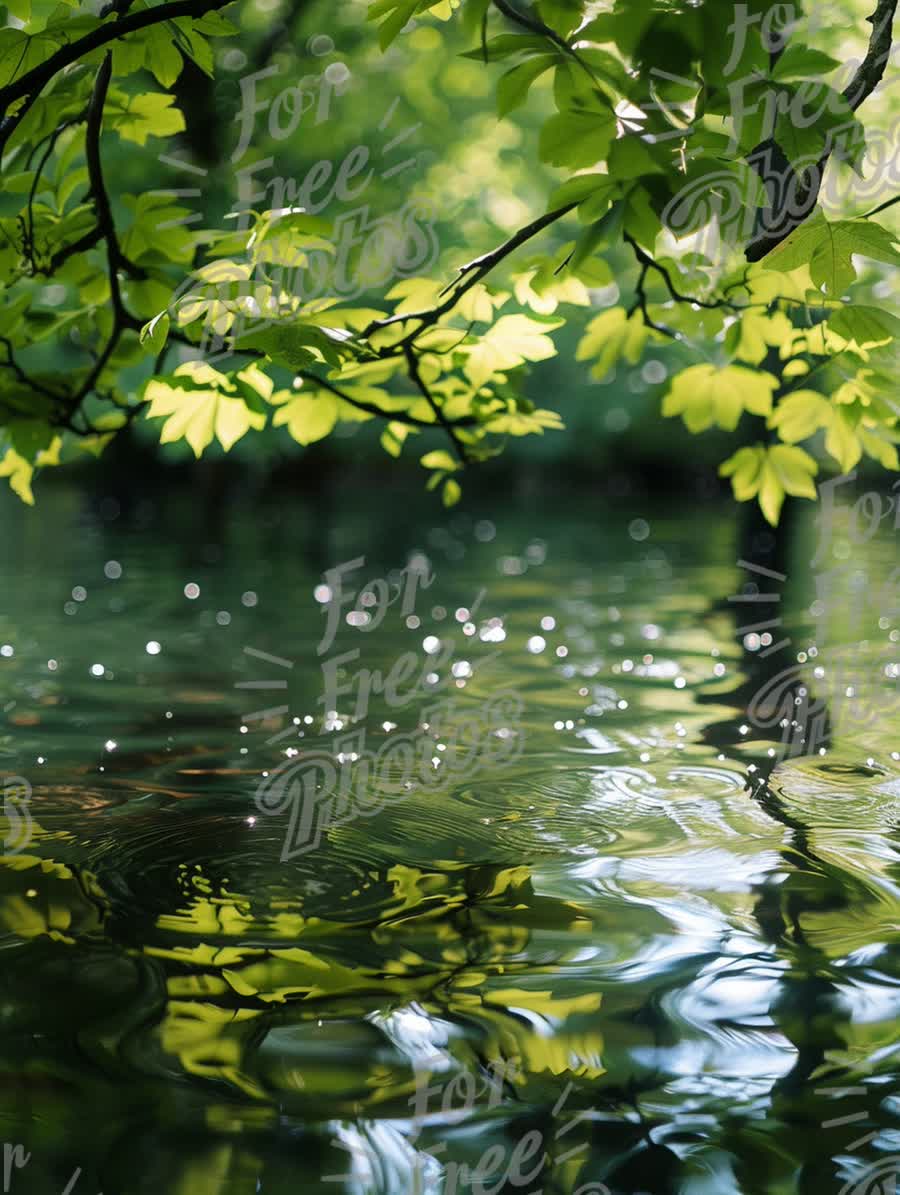 Tranquil Nature Reflection: Lush Green Leaves Over Serene Water