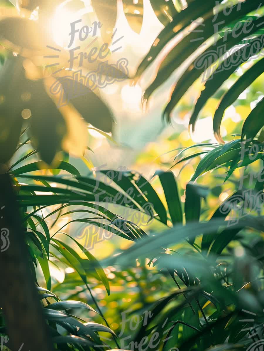 Serene Tropical Jungle with Sunlight Filtering Through Lush Green Leaves