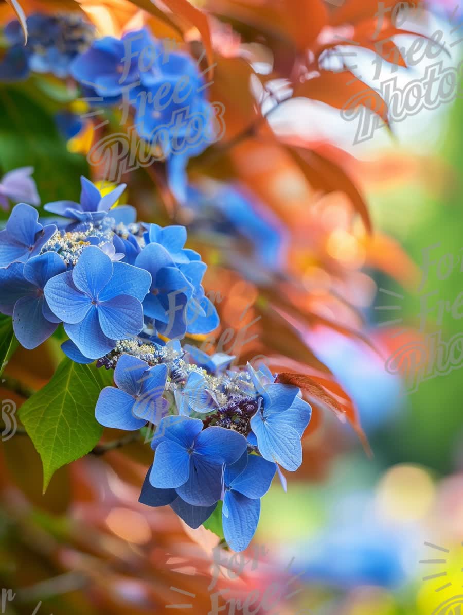 Vibrant Blue Hydrangeas with Colorful Foliage in Soft Focus