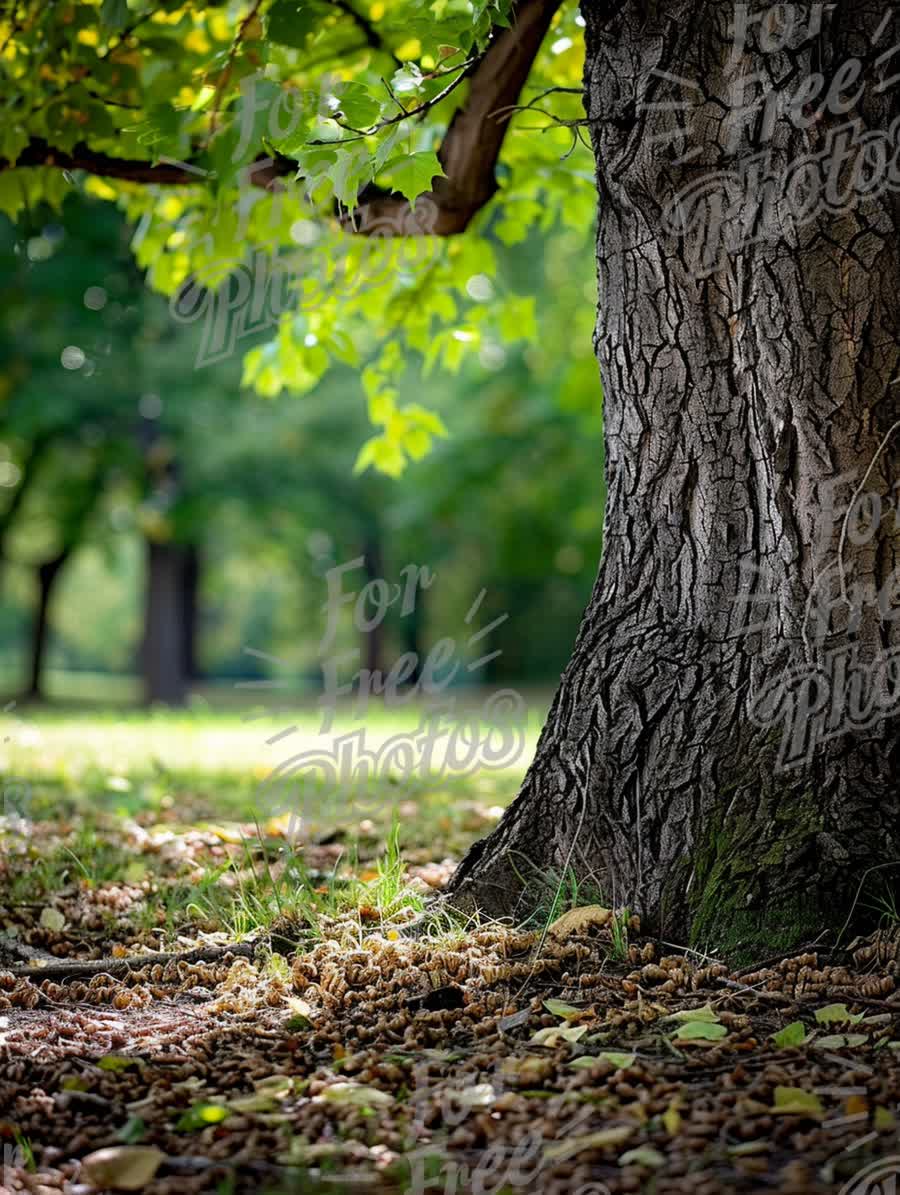 Serene Park Scene: Majestic Tree Trunk with Lush Green Foliage and Fallen Leaves