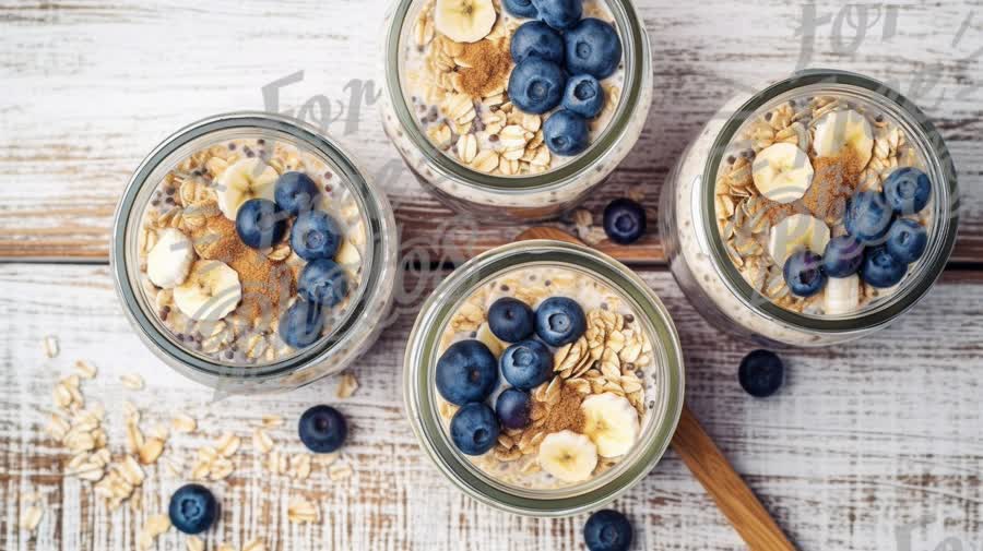 Healthy Overnight Oats with Blueberries and Bananas in Glass Jars