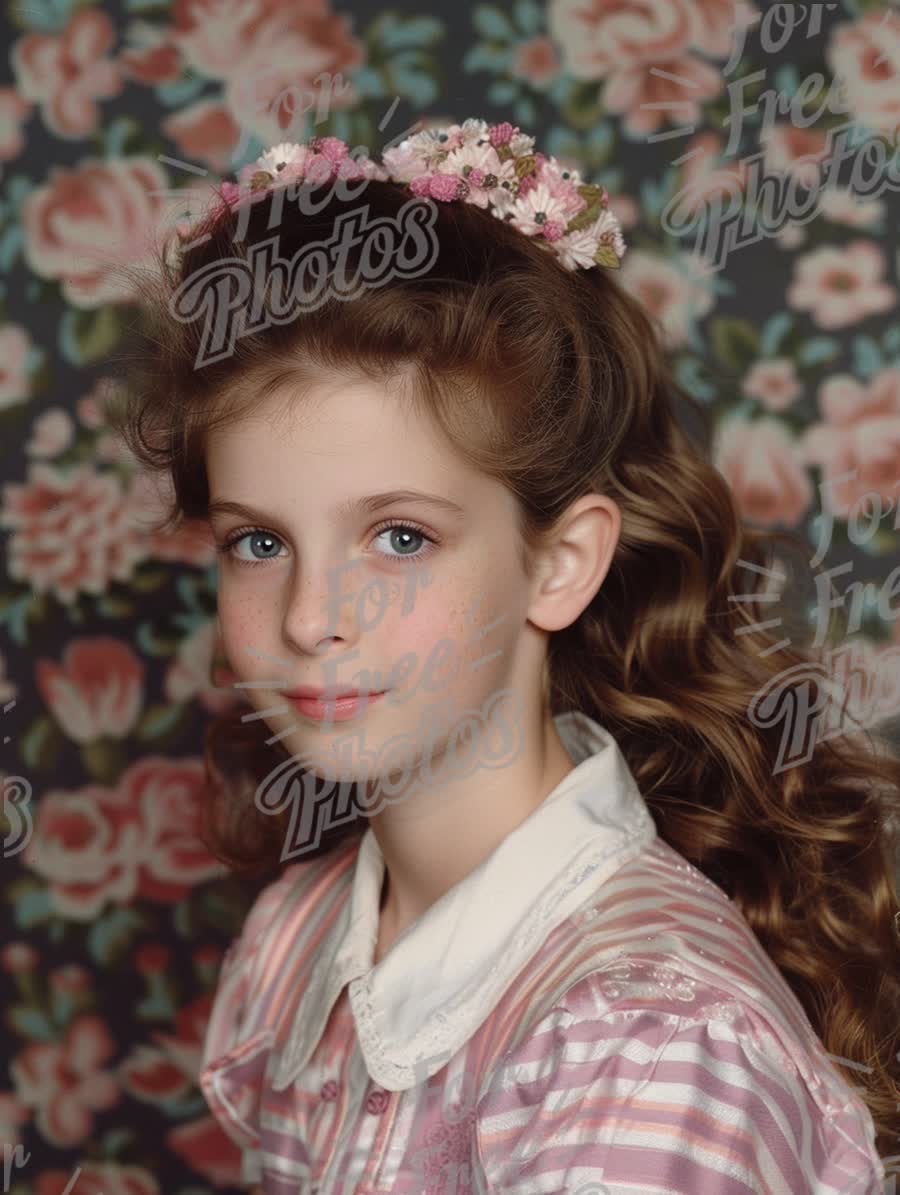 Vintage Portrait of a Young Girl with Floral Headband and Soft Curls