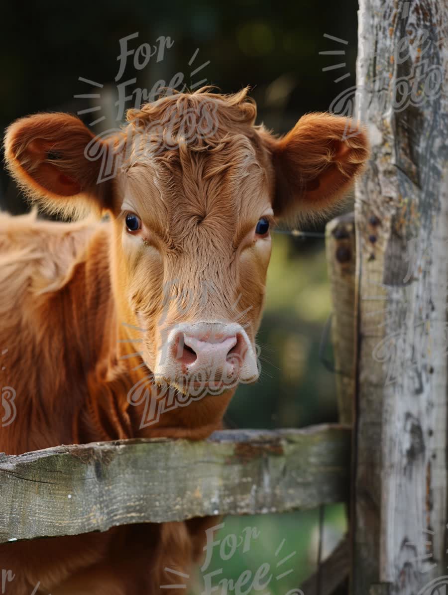 Adorable Brown Calf Peering Through Wooden Fence in Pastoral Setting